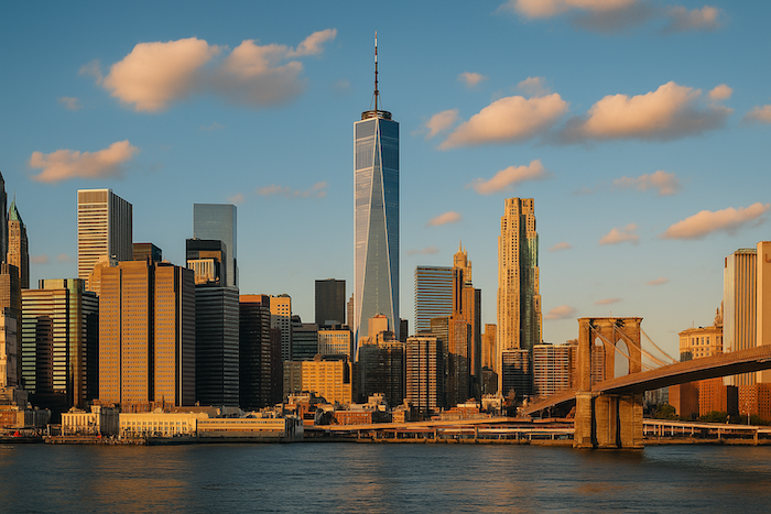New York City skyline at sunset with Brooklyn Bridge, symbolizing locations for chair yoga across the city.