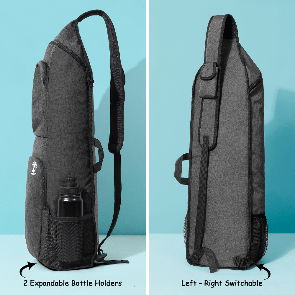 Side views of black Warrior2 yoga mat bag showing two bottle holders and left-right switchable shoulder strap, ideal for biking use.