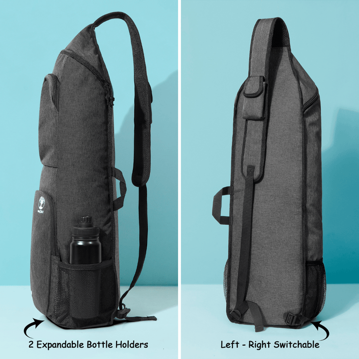 Side views of black Warrior2 yoga mat bag showing two bottle holders and left-right switchable shoulder strap, ideal for biking use.