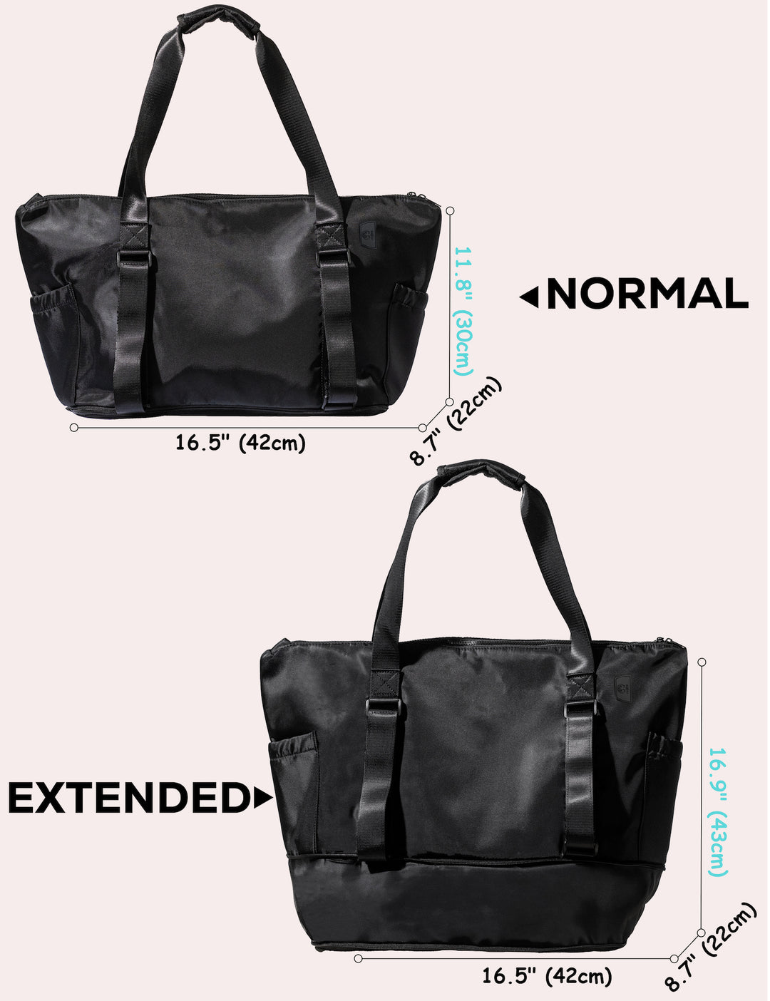 Side-by-side view of Warrior2 expandable yoga mat tote bag in normal and extended size modes, showing width, height, and depth measurements.
