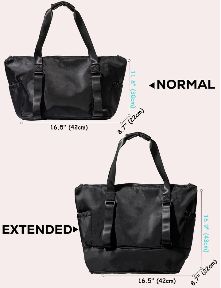 Side-by-side view of Warrior2 expandable yoga mat tote bag in normal and extended size modes, showing width, height, and depth measurements.