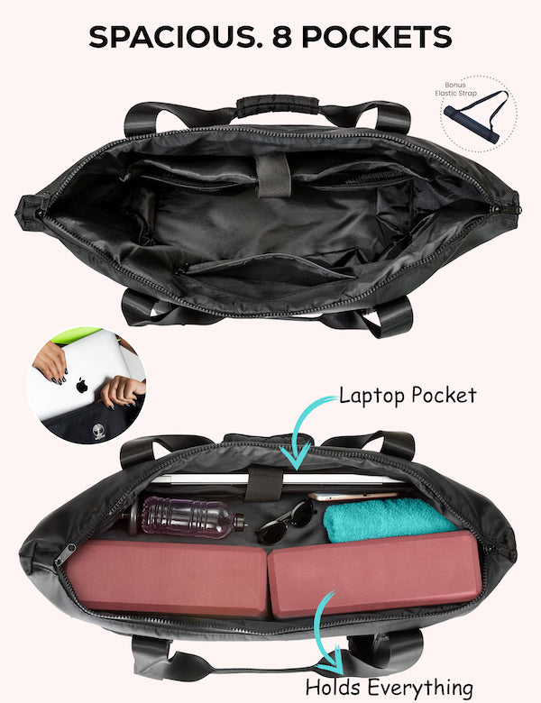 Top view of large yoga mat tote showing laptop pocket and eight compartments holding yoga blocks, towel, water bottle, and sunglasses.
