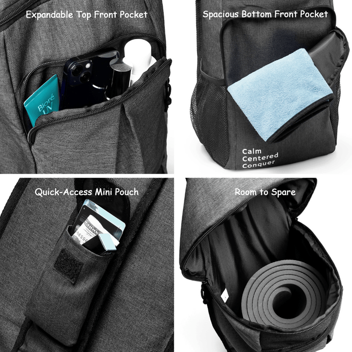 Close-up views of black Warrior2 light yoga mat bag showing expandable top pocket, mini pouch, towel pocket, and rolled mat inside.