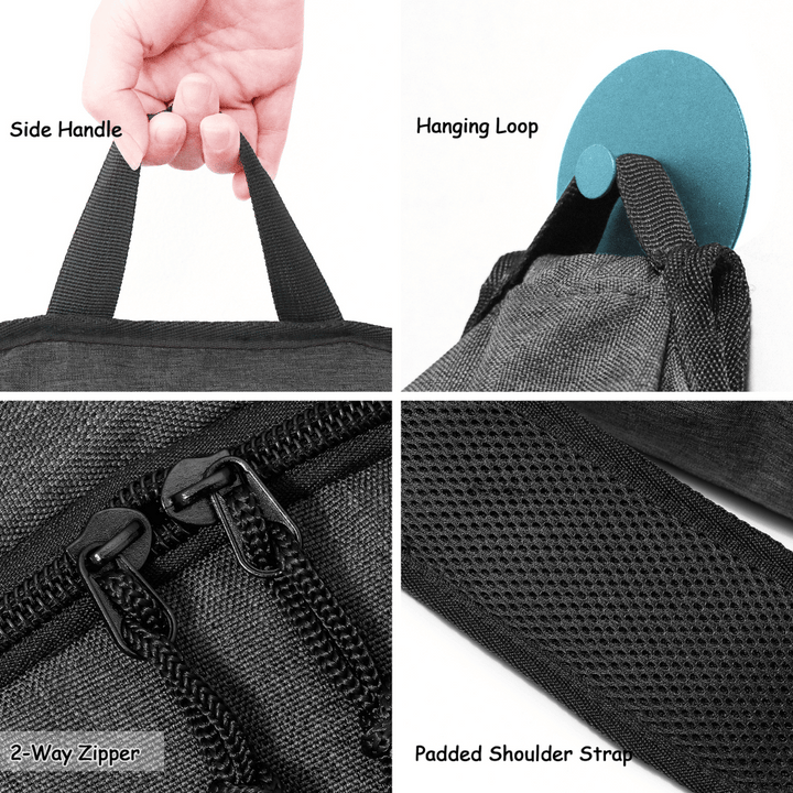Close-up views of Warrior2 yoga mat bag backpack showing side handle, hanging loop, two-way zippers, and padded shoulder strap.