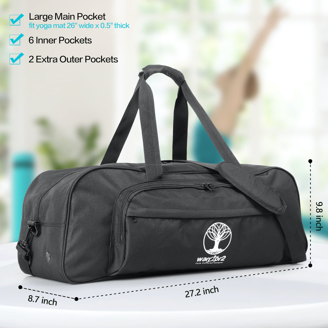 Warrior2 workout bag with yoga mat holder showing dimensions numbers, a woman doing yoga in the blurred background .