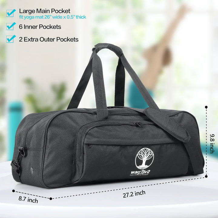 Warrior2 workout bag with yoga mat holder showing dimensions numbers, a woman doing yoga in the blurred background .