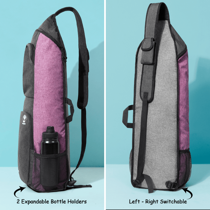 Side views of purple and grey Warrior2 yoga bag and carrier for women showing two bottle holders and left-right switchable shoulder strap