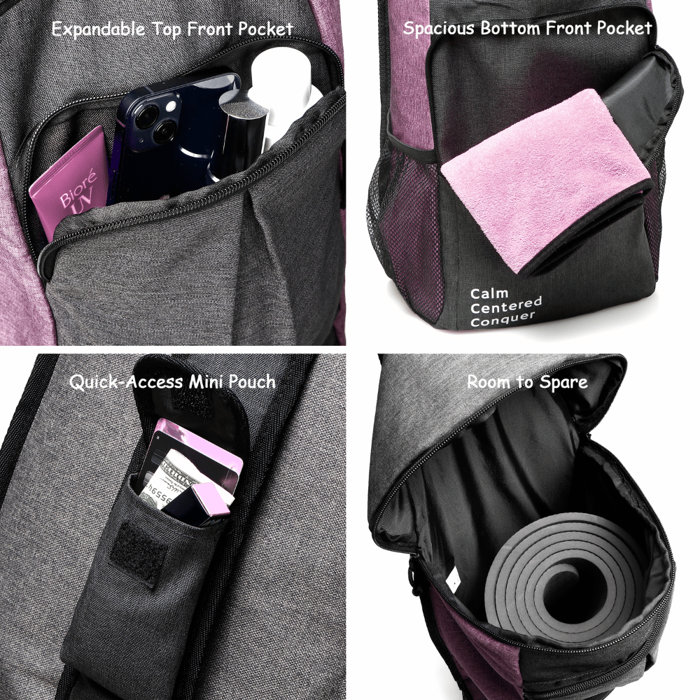 Close-up views of purple and grey Warrior2 yoga mat bag carrier showing front pockets, mini pouch, and roomy interior with rolled mat inside