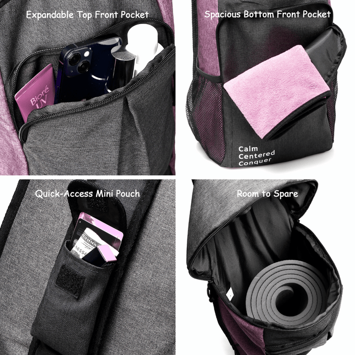 Close-up views of purple and grey Warrior2 yoga mat bag carrier showing front pockets, mini pouch, and roomy interior with rolled mat inside