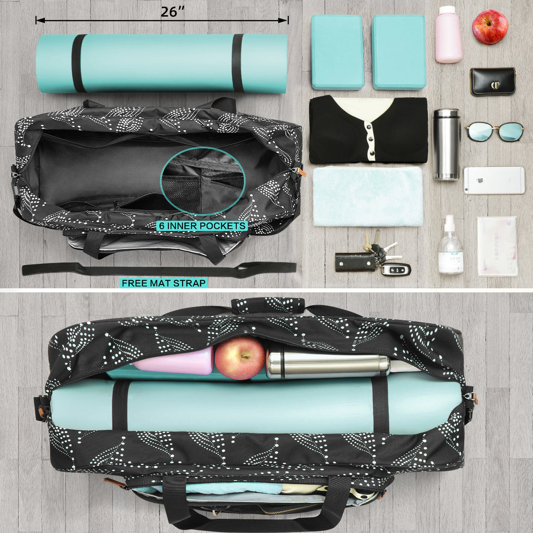 Warrior2 yoga mat bag with compartments, top down shot, bag open and packed with accessories, fits 26-inch wide yoga mat.