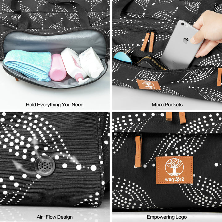 Close-up features of Warrior2 yoga mat bag with extra pockets, breathable air-flow vent, and empowering logo – ideal for storing essentials like towel, phone, and yoga gear.