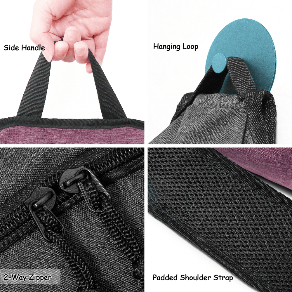 Close-up features of Warrior2 yoga mat bag for women in purple and grey, showing side handle, hanging loop, zippers, and padded strap