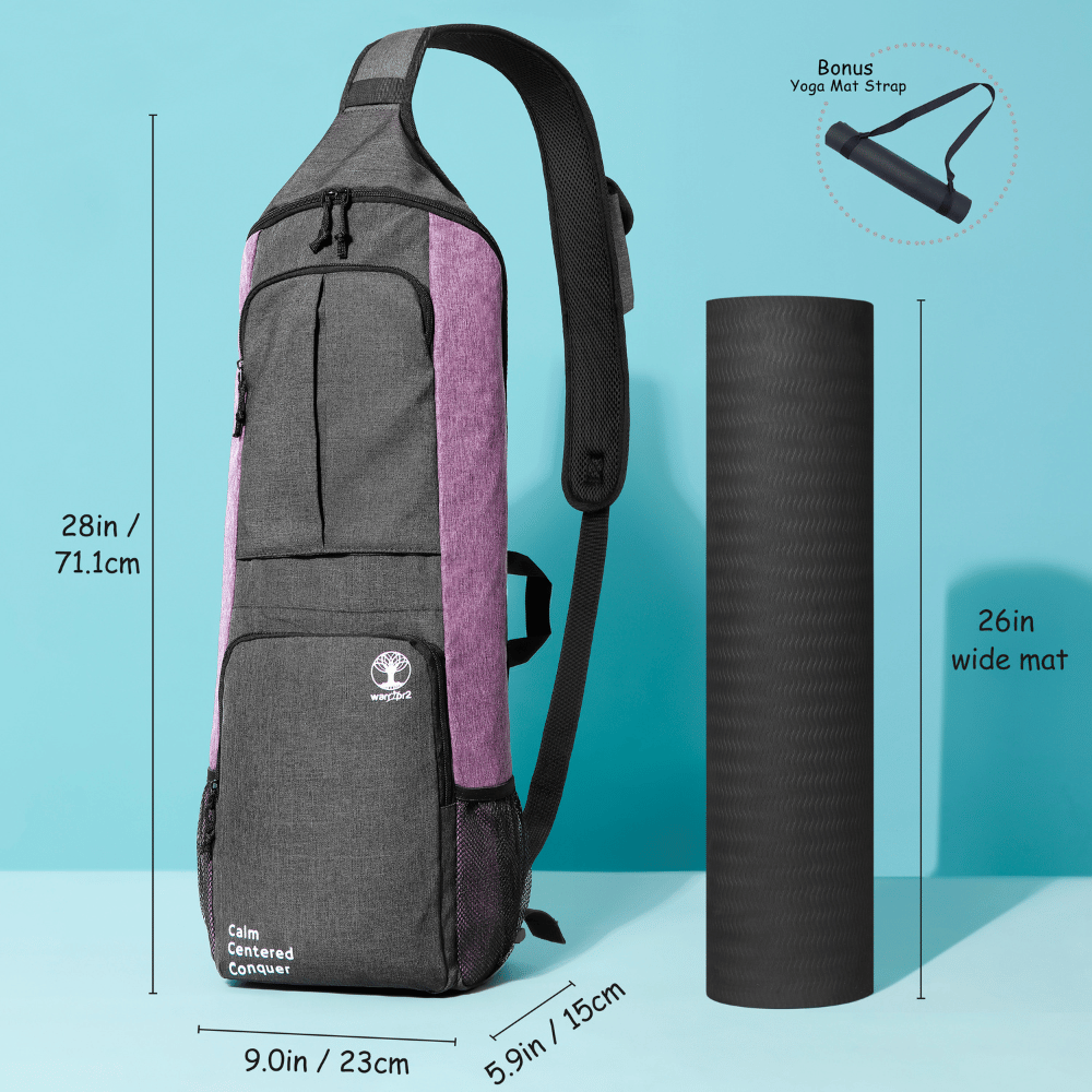 Purple and grey Warrior2 yoga mat bag for women shown upright beside a wide yoga mat, with bonus strap and full product dimensions