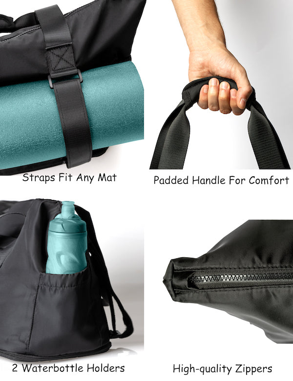 Close-up views of yoga mat tote with pockets showing mat straps, padded handles, water bottle holders, and high-quality zipper on black warrior2 yoga mat tote bag