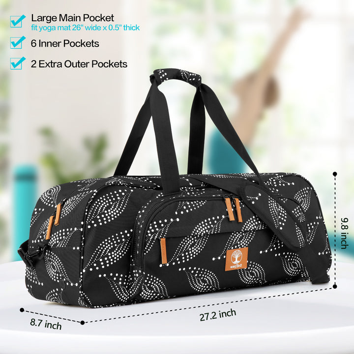 Black and white paisley-patterned warrior2 gym bag with orange zipper details, fits 26-inch yoga mat, 27.2-inch length, 8.7-inch height