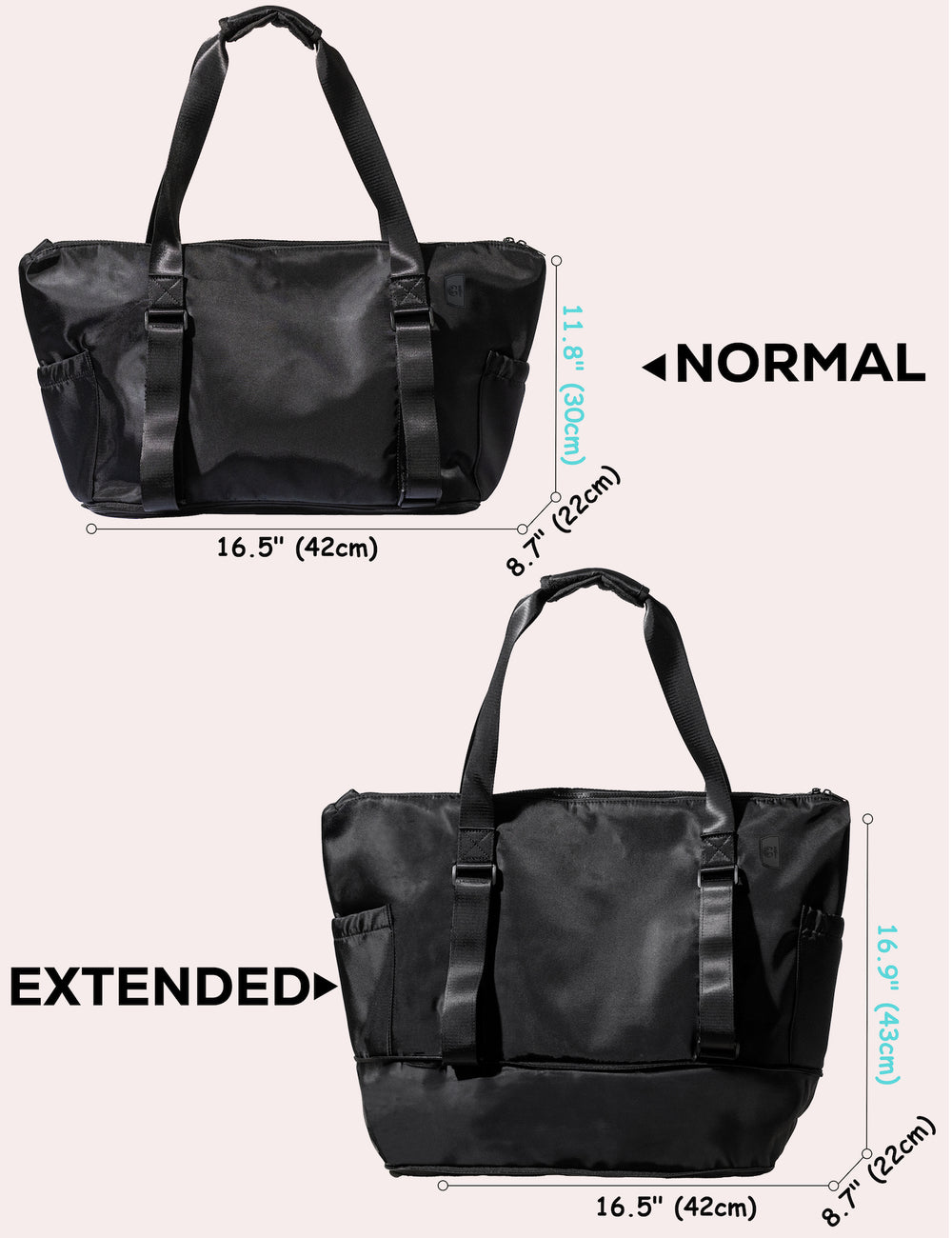 Side-by-side view of Warrior2 expandable yoga mat tote bag in normal and extended size modes, showing width, height, and depth measurements.