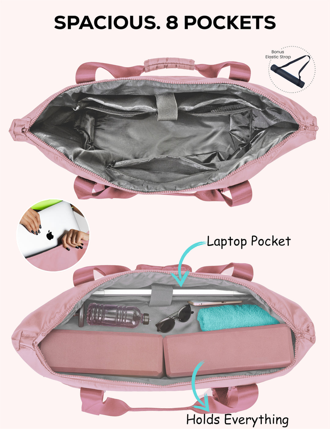 warrior2 Pink yoga work tote with open compartments showing a laptop pocket and other storage options.