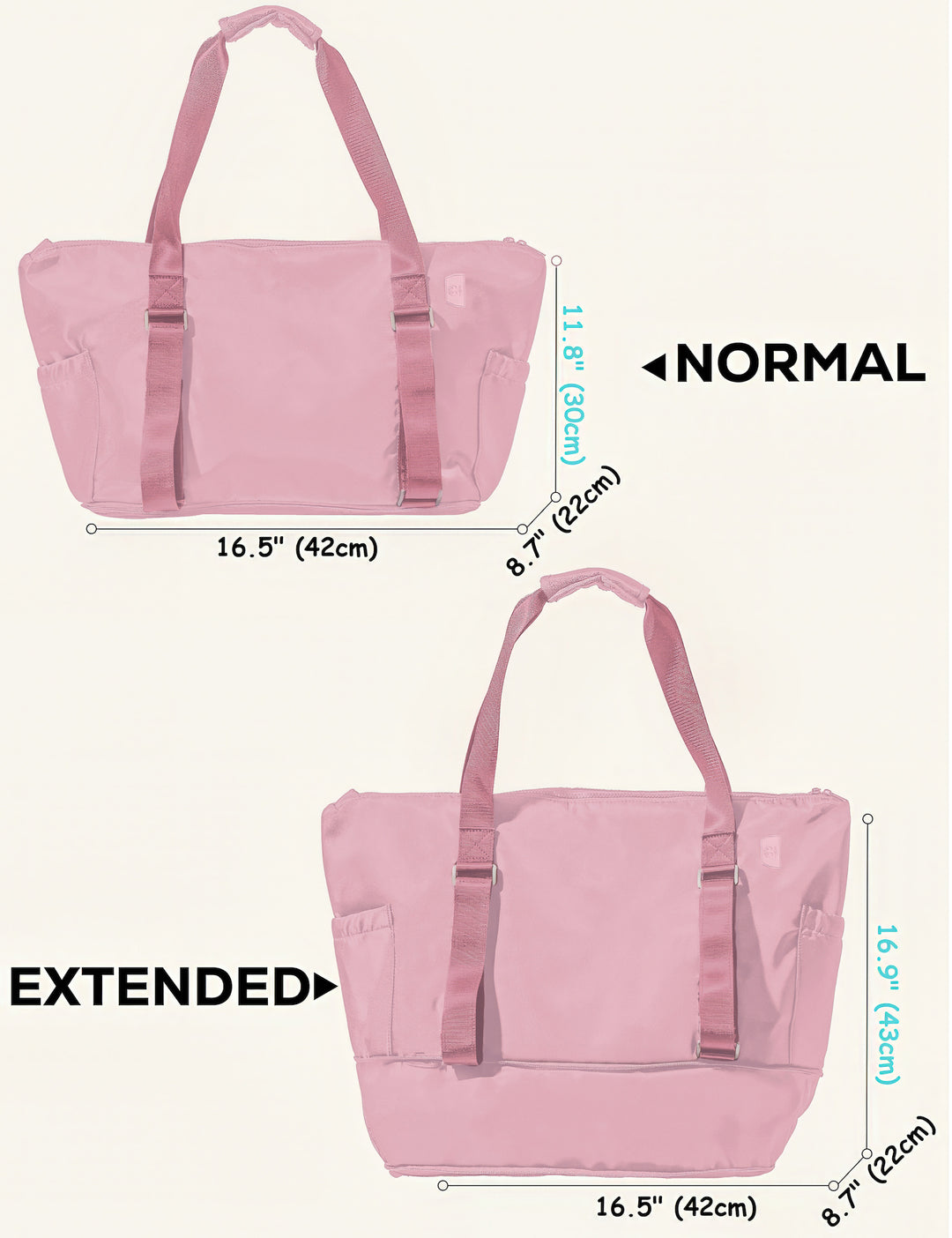 warrior2 aria grace Pink tote bag with measurements showing normal and extended sizes on a white background