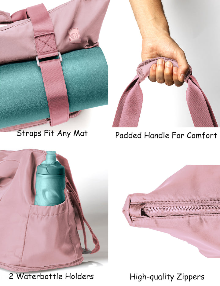 warrior2 aria grace Pink yoga mat bag with features highlighted on a white background