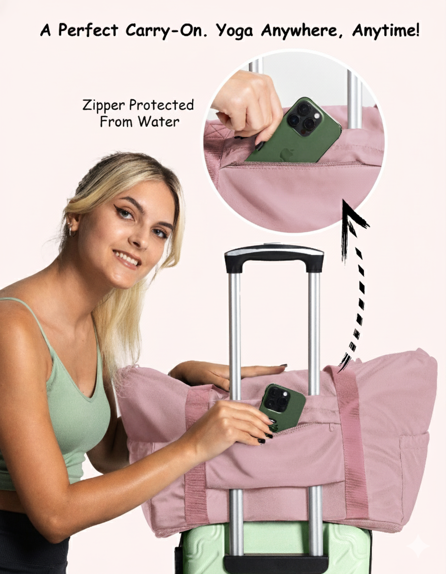 Woman holding a warrior2 pink yoga travel tote bag with a phone case, showcasing water protection feature.
