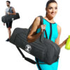 man woman carrying black warrior2 yoga bag blue turquoise outfit smiling
