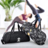 warrior2 two yoga bags next to each other women practicing yoga behind