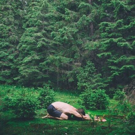 man doing yoga child pose yoga jungle green trees