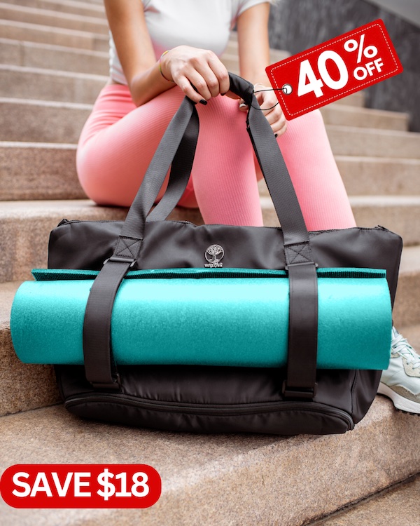 girl pink pants sitting on staris with warrior2 yoga work bag 40% off red label