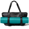 warrior2 yoga tote bag blue mat attached in the front black tote