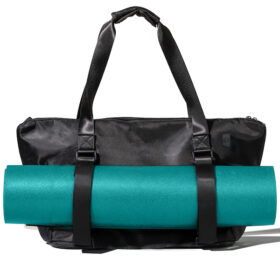 warrior2 yoga tote bag blue mat attached in the front black tote