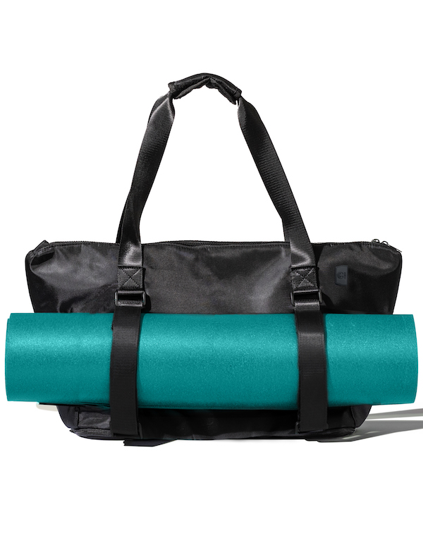 warrior2 yoga tote bag blue mat attached in the front black tote